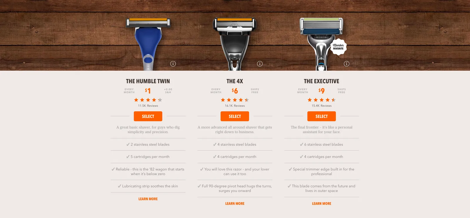 The Dollar Shave Club pricing page. It's like SaaS, with razors. Source: dollarshaveclub.com