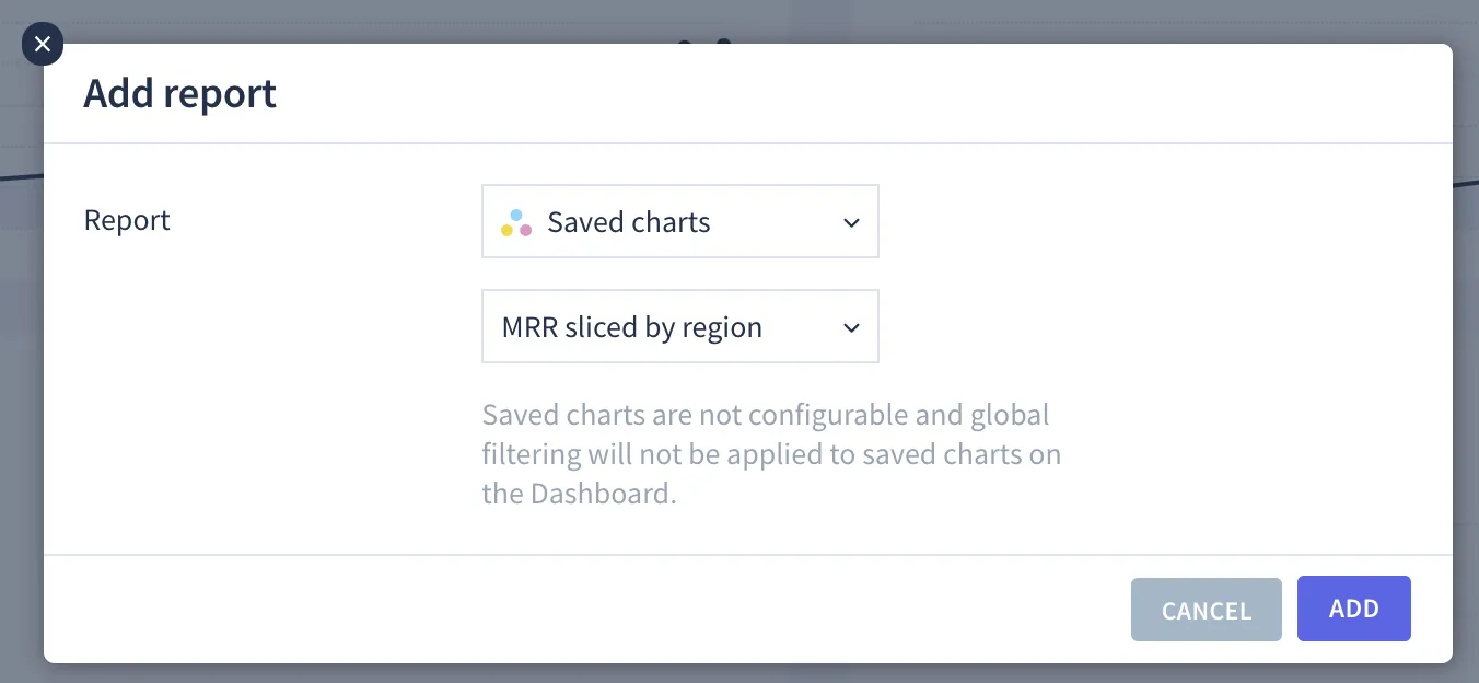 Adding a saved chart to your ChartMogul dashboard.