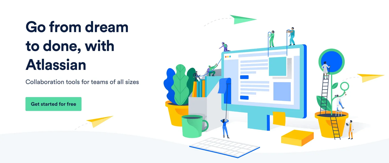 Atlassian’s landing page illustrations are visually interesting and also reflect the theme of the company — collaboration.