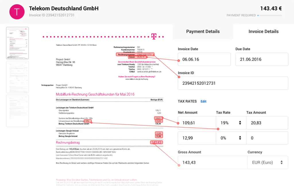Candis does some smart OCR on your invoices to pull out the relevant details. (source: http://candis.io)