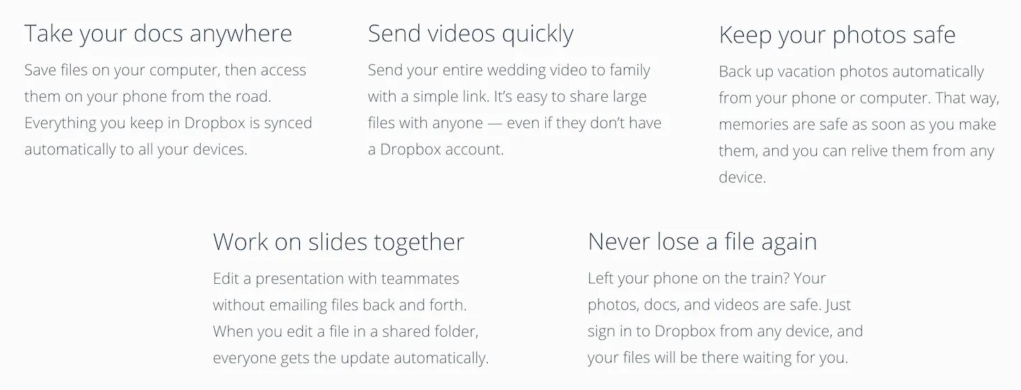  Dropbox offers a compelling set of benefits for using their product, that clearly show how the user's everyday life is considerably better with an account.