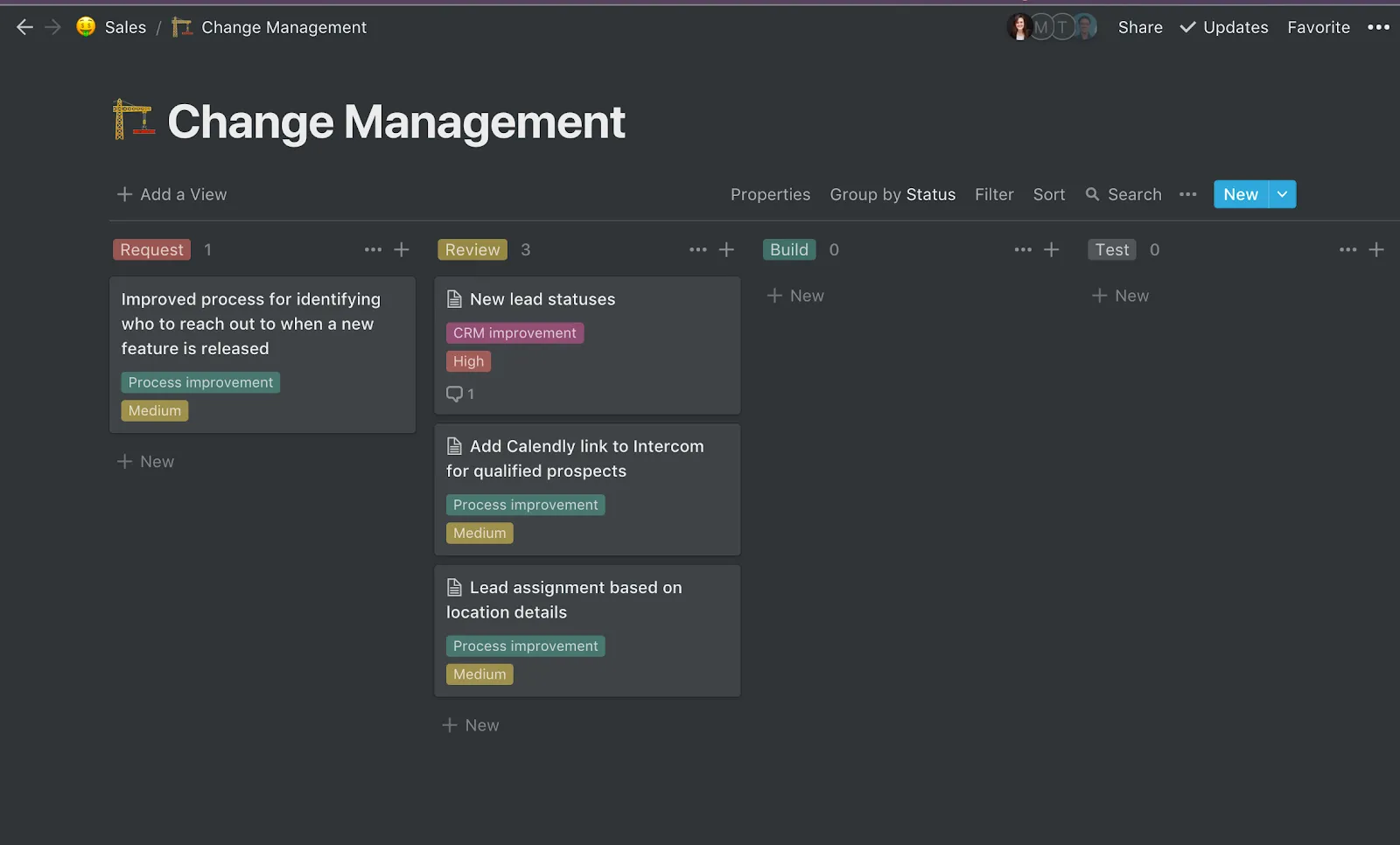 We use a Kanban board to track all requests for changes to our sales process