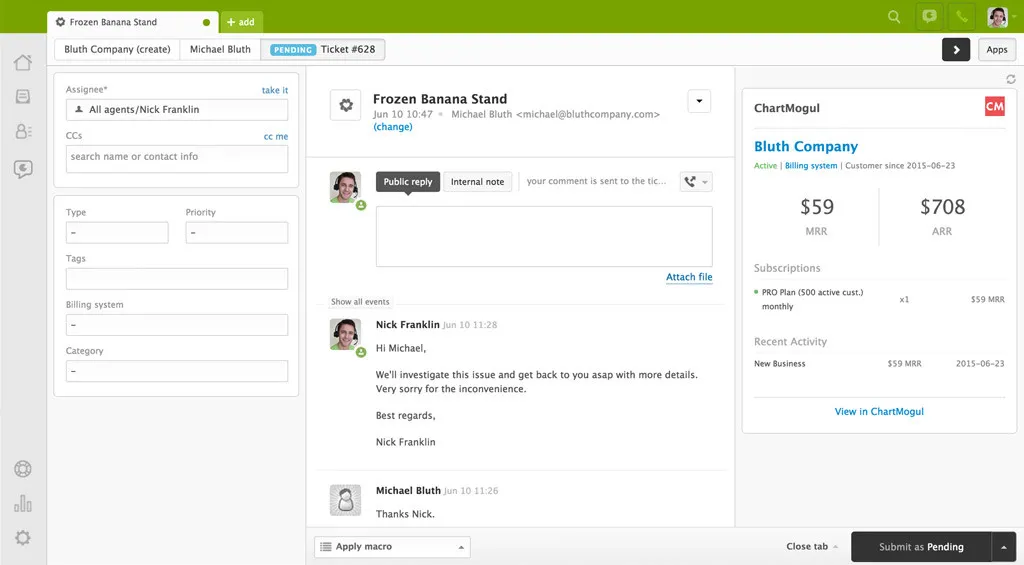 Screenshot: Browse customer subscription records without leaving Zendesk.