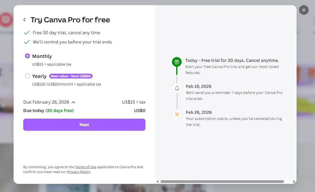The Canva Pro signup section showing you get a 30 day free trial and offering a monthly and yearly option.